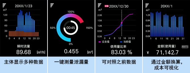 主體顯示多種數(shù)據(jù) | 一鍵測量泄漏量 | 可對照之前數(shù)據(jù) | 通過金額換算，成本可視化